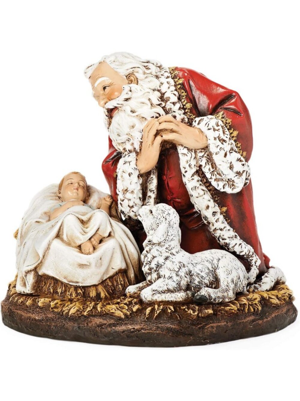 Kneeling Santa Figure with Baby Jesus & Lamb - 7.75" Resin Christmas Decor